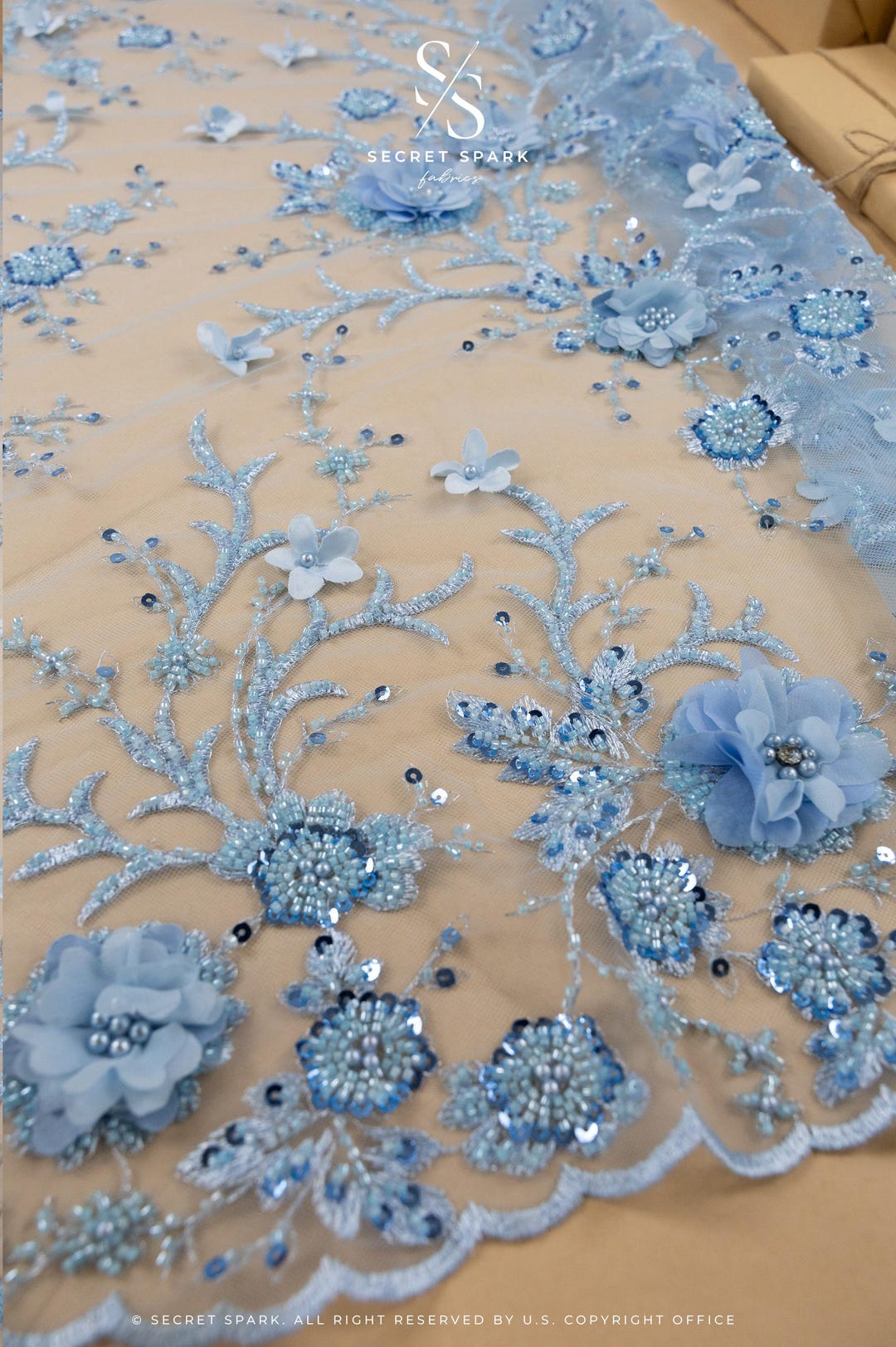 Baby Blue 3D Flower Lace Fabric by the Yard, Embellished Tulle Pearls ...
