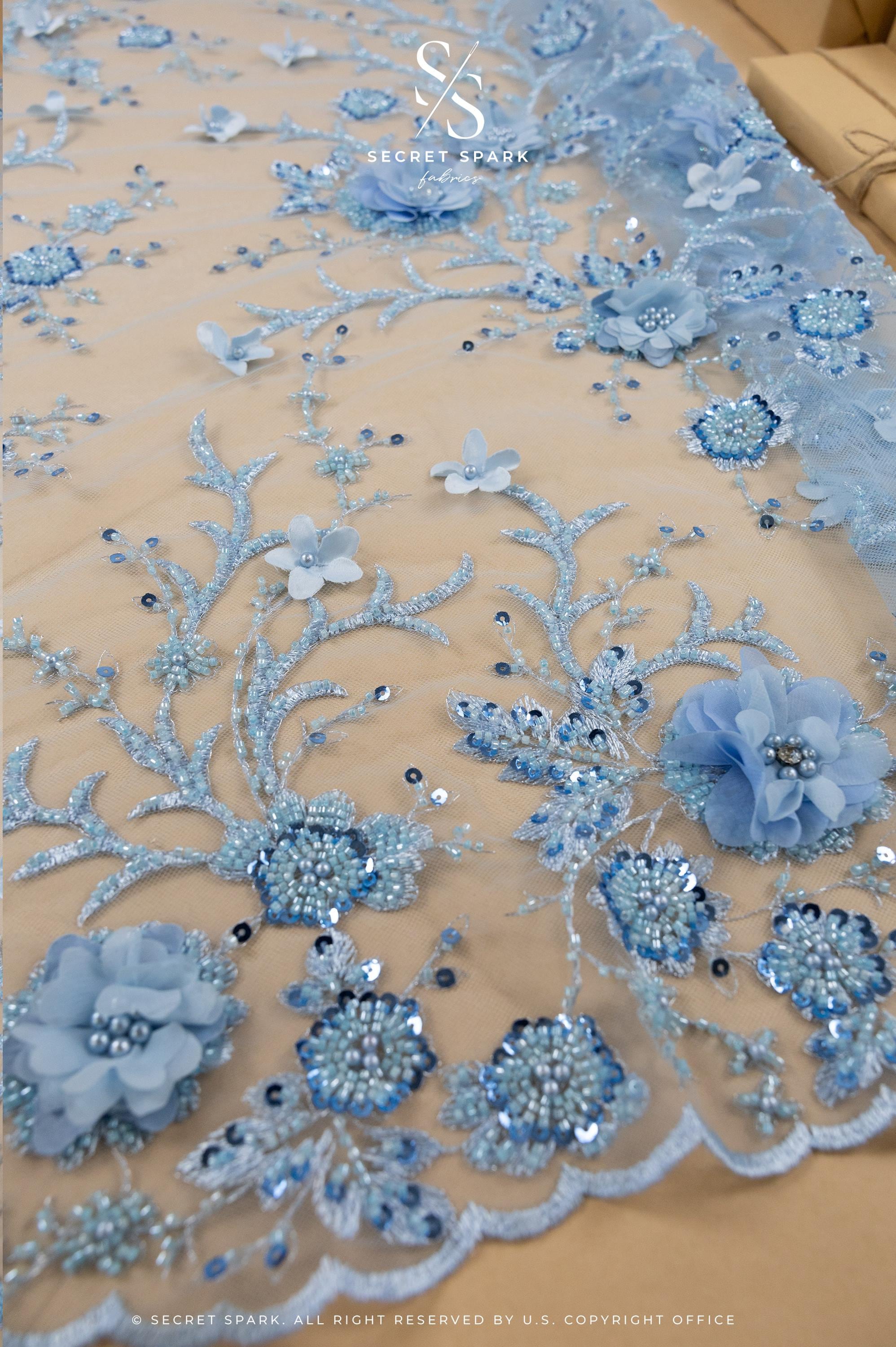 Baby Blue 3D Flower Lace Fabric by the Yard, Embellished Tulle Pearls ...