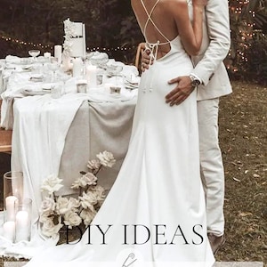 May include: A couple in a white wedding dress and suit, standing in front of a table with white flowers and candles. The text "DIY IDEAS" is superimposed on the image. The caption reads "An amazing, soft and delicate material, quite heavy, with spandex, just perfect for dresses of this kind."