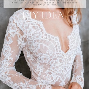 May include: White lace bridal bodysuit with long sleeves and a plunging neckline. The bodysuit features delicate lace detailing and a scalloped edge. Text on the image reads "DIY IDEA" and "REAL ORDER, REAL LACE".
