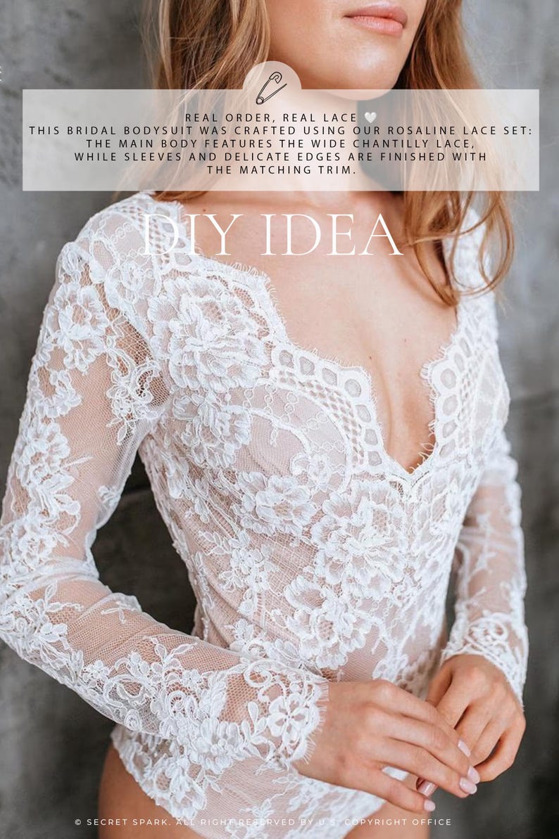 May include: White lace bridal bodysuit with long sleeves and a plunging neckline. The bodysuit features delicate lace detailing and a scalloped edge. Text on the image reads "DIY IDEA" and "REAL ORDER, REAL LACE".