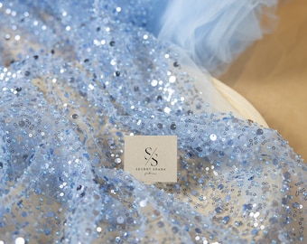 Starlight - Soft Blue Beads Pearls Sequins Lace Fabric, Heavy Sequin on Mesh Fabric By The Yard for Woman, Prom Dress, Kids Clothes, Decor
