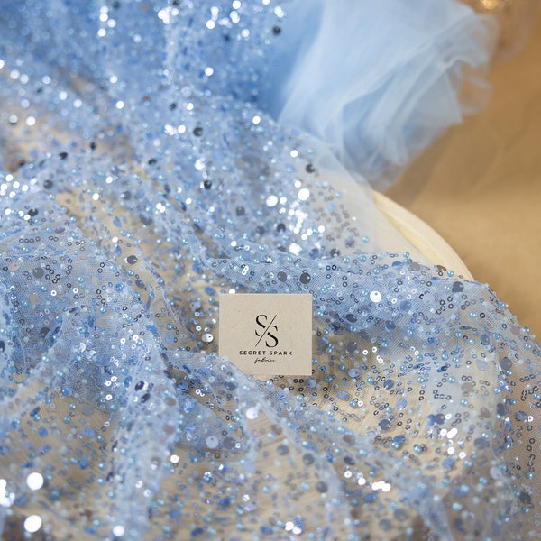 Starlight - Soft Blue Beads Pearls Sequins Lace Fabric, Heavy Sequin on Mesh Fabric By The Yard for Woman, Prom Dress, Kids Clothes, Decor
