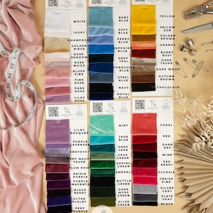 May include: A colour chart of 4-way stretch plush velvet fabric swatches in various colours, including white, ivory, champagne, golden beige, rose shadow, rose wood, blush pink, pink, dark rose, lilac rose, baby blue, soft blue, perry blue, sapphire blue, deep teal, turquoise blue, steel blue, navy blue, royal blue, mint, jade blue, deep jade, sage green, spring green, emerald green, bottle green, dark moss green, olive green, yellow, yellow sun, golden brown, orange, burnt rust, dark taupe, dark wood, autumn brown, chocolate, coral, red, dark red, wine red, berry red, fuchsia, cerise pink, silver grey, slate grey, black. The text "Rich" is displayed in large letters above the swatches. The text "Premium 4-Way Stretch Plush Velvet" is displayed below the swatches. The text "88% Polyester 12% Spandex" is displayed below the swatches. The text "4 Way Stretch" is displayed below the swatches.