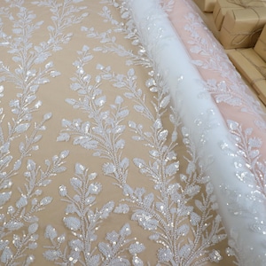 Light Ivory Beaded Lace with Leafy Branches & Matte Sequins, Bridal Tulle Fabric for Wedding Gown, Sleeves, Couture Veils  | Florentia