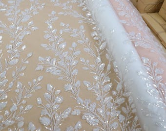 Light Ivory Beaded Lace with Leafy Branches & Matte Sequins, Bridal Tulle Fabric for Wedding Gown, Sleeves, Couture Veils  | Florentia