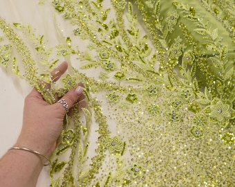 Majestique - Avocado Lace Fabric by the Yard, Fresh Green Embroidered Mesh for Spring Wedding, Prom Dress and Garden Gown