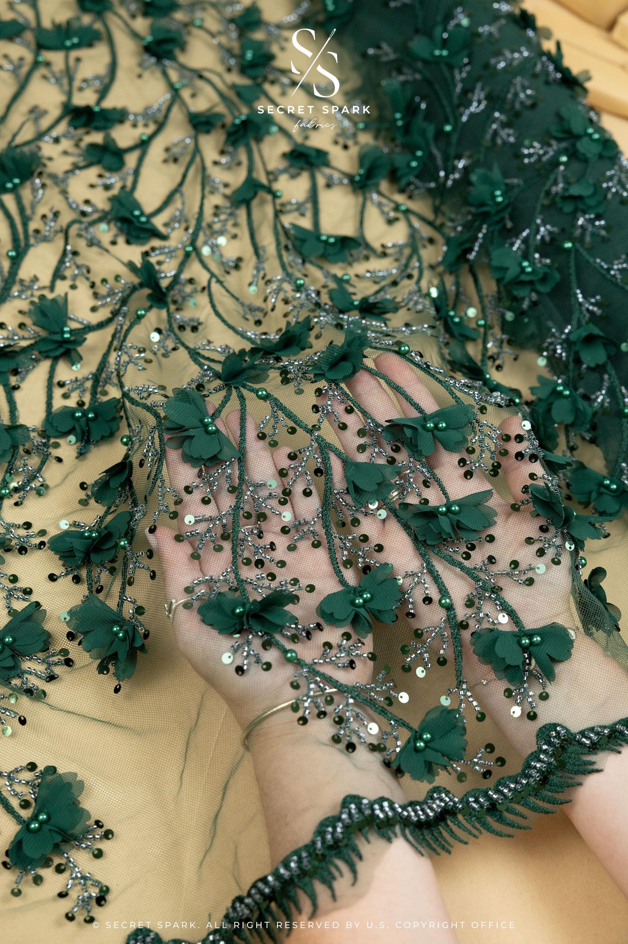 Emerald Green 3D Lace with Pearls & Flowers – Rich Tulle Fabric for Costumes, Luxury Capes, Theatrical Gowns, Table Styling | Secret Garden