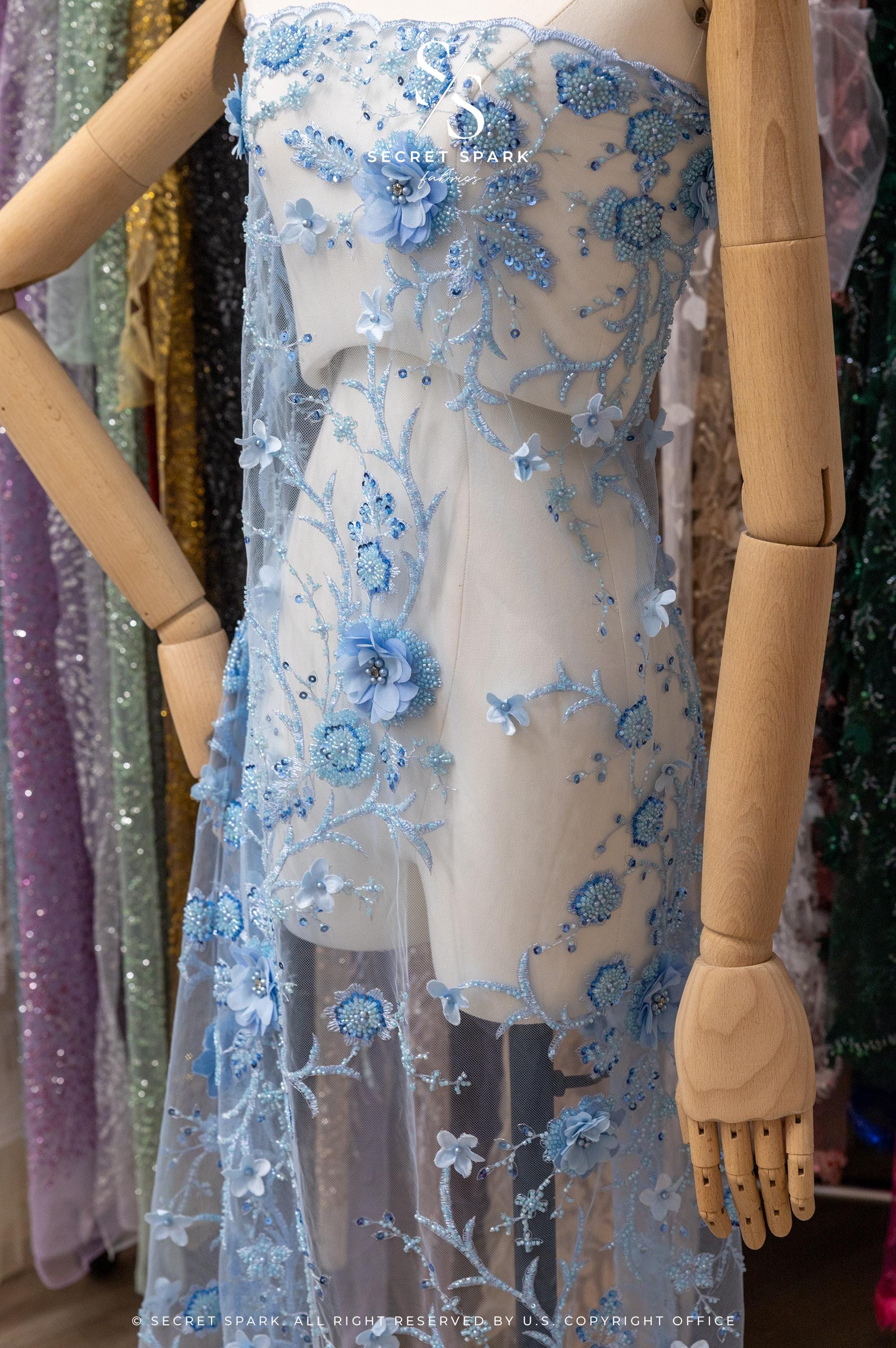 Baby Blue 3D Flower Lace Fabric by the Yard, Embellished Tulle Pearls ...