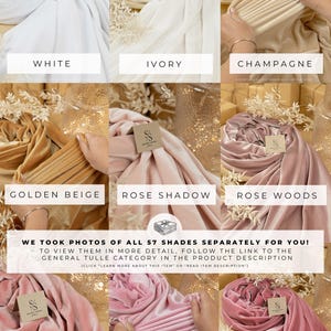 May include: A collage of ten different velvet fabric swatches in various shades of pink, beige, and white. The swatches are arranged in two rows of five, with each swatch labelled with its colour name. The text "WE TOOK PHOTOS OF ALL 57 SHADES SEPARATELY FOR YOU!" is displayed above the swatches. The text "TO VIEW THEM IN MORE DETAIL, FOLLOW THE LINK TO THE GENERAL TULLE CATEGORY IN THE PRODUCT DESCRIPTION" is displayed below the swatches.