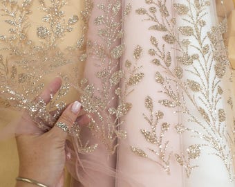 Blush Glitter Tulle by the Yard with Leaf Motif, Dusty Rose Botanical Mesh for Dresses, Costumes, Veils & Overlays | Sparkle Leaves