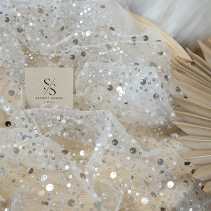 Starlight - White/Silver Sequins Bridal Heavy Beaded Embroidery, Beaded Fabric With Sequin by the Yard for Special Occasion, Bridal Dresses