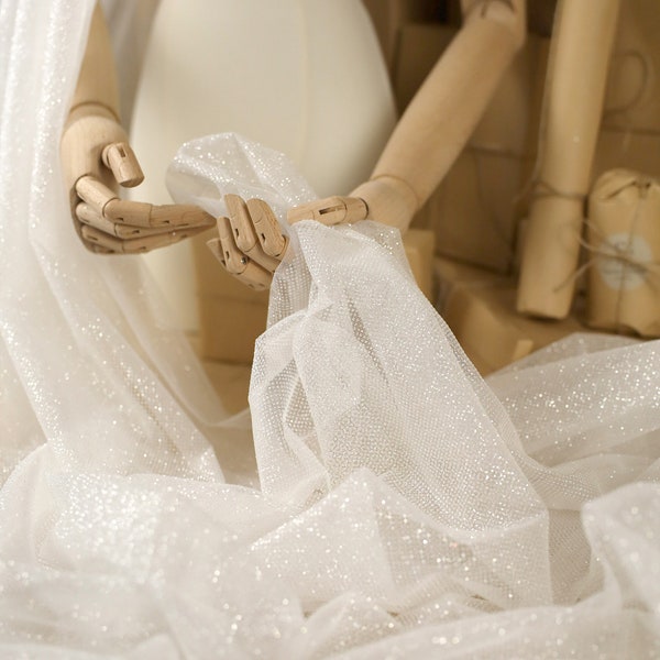 Ivory Wedding Glitter Soft Tulle Fabric by the Yard For Wedding Dresses, Quality Wholesale Bridal Sparkle Mesh  | "Illuminate" Ivory