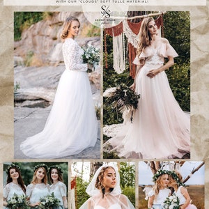 May include: A collage of images showcasing different ways to use soft tulle fabric for bridal wear. The images feature brides and bridesmaids wearing tulle skirts, tops, and capes in various colors, including white, pink, and blue. The text "clouds DIY IDEAS SOFT & MATTE BRIDAL TULLE FABRIC" is displayed at the top of the collage.