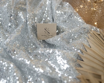 Silber Glitzer Pailletten Stoff Meterware, Disco, 1 Way Stretch, Same Day Versand für Brautmode, Tops, Röcke, Babyparty | Glitzer
