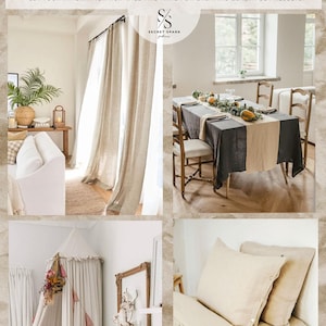 May include: A collage of medium weight textured fabric made of 70% linen and 30% rayon. The image displays beige curtains, a dining table with a two-tone runner, a hanging canopy, and bedding with button closures, featuring the text DIY IDEAS.