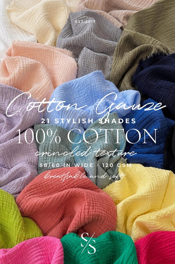 100% Cotton Gauze Fabric by the Yard, Crinkle Cotton Muslin Fabric, Soft Breathable Woven Gauze for Swaddles, Dresses, Baby Blankets