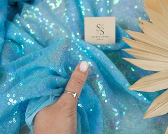 Materiał z cekinami w kolorze akwamaryny, Brilliant Style, cięty na wymiar, okrągły kształt 3 mm, na bluzki, suknie, odzież, obrusy | Glitz