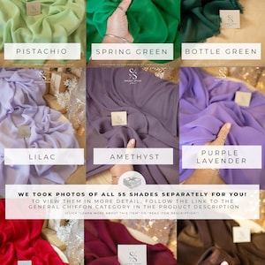 K&ouml;nnte beinhalten: Eine Collage aus 10 Stoffproben in verschiedenen Farben, darunter Pistazie, Fr&uuml;hlingsgr&uuml;n, Flaschengr&uuml;n, Flieder, Amethyst, Lila-Lavendel, Dunkelrot, Wein und Schokoladenbraun. Der Stoff ist durchsichtig und leicht, und die Proben sind in einem Raster angeordnet. Der Text "WE TOOK PHOTOS OF ALL 55 SHADES SEPARATELY FOR YOU!" wird in der Mitte des Bildes angezeigt.