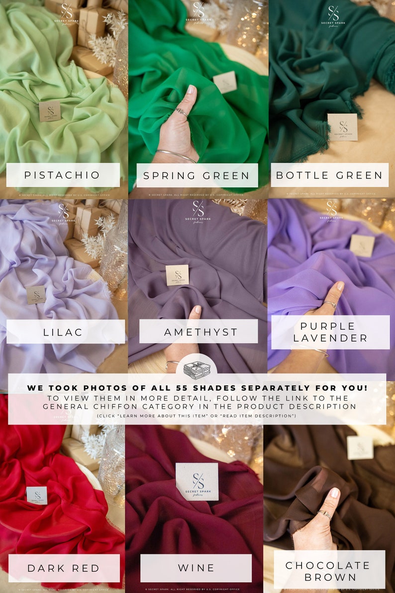 K&ouml;nnte beinhalten: Eine Collage aus 10 Stoffproben in verschiedenen Farben, darunter Pistazie, Fr&uuml;hlingsgr&uuml;n, Flaschengr&uuml;n, Flieder, Amethyst, Lila-Lavendel, Dunkelrot, Wein und Schokoladenbraun. Der Stoff ist durchsichtig und leicht, und die Proben sind in einem Raster angeordnet. Der Text "WE TOOK PHOTOS OF ALL 55 SHADES SEPARATELY FOR YOU!" wird in der Mitte des Bildes angezeigt.