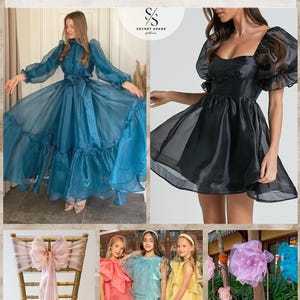 May include: DIY ideas using sheer organza fabric. The image shows a teal blue dress, a black dress, a pink bow on a chair, and three girls wearing dresses in pink, blue, and yellow.