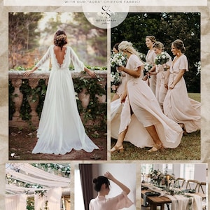 May include: A collage of images showcasing different ways to use soft, airy chiffon fabric. The images include a bride wearing a white chiffon gown, bridesmaids in blush chiffon dresses, a table setting with a blush chiffon runner, and a person wearing a blush chiffon robe.