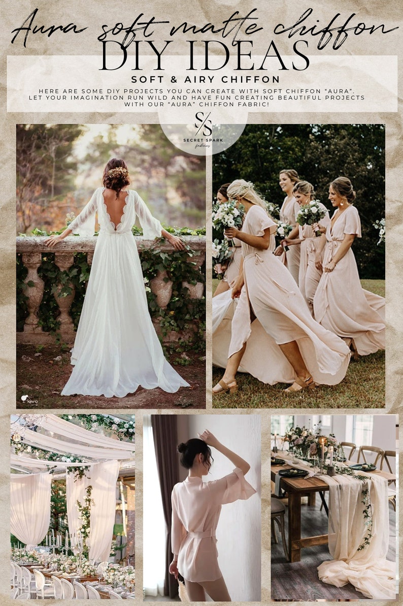 May include: A collage of images showcasing different ways to use soft, airy chiffon fabric. The images include a bride wearing a white chiffon gown, bridesmaids in blush chiffon dresses, a table setting with a blush chiffon runner, and a person wearing a blush chiffon robe.