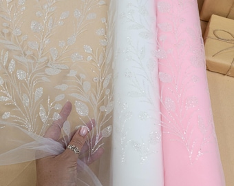White Glitter Tulle with Leaf & Branch Design, Botanical Sparkle Mesh Fabric for Bridal Veils, Gowns, Decor, Costumes | Sparkle Leaves