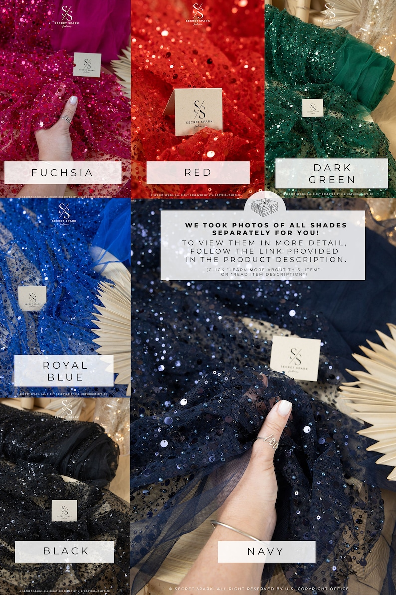 May include: A collage of ten fabric swatches in different colors, including fuchsia, red, dark green, royal blue, black, and navy. Each swatch is labeled with its color name. The text "WE TOOK PHOTOS OF ALL SHADES SEPARATELY FOR YOU!" is displayed in the center of the collage. The text "TO VIEW THEM IN MORE DETAIL, FOLLOW THE LINK PROVIDED IN THE PRODUCT DESCRIPTION." is displayed below the first text. The text "(CLICK "LEARN MORE ABOUT THIS ITEM" OR "READ ITEM DESCRIPTION")" is displayed below the second text.