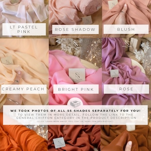 K&ouml;nnte beinhalten: Eine Collage aus 10 Stoffmustern in verschiedenen Rosat&ouml;nen und Oranget&ouml;nen. Die Muster sind mit Namen wie "LT Pastel Pink", "Rose Shadow", "Blush", "Creamy Peach", "Bright Pink", "Rose", "Rust", "Brown Rust" und "Gingerbread" beschriftet. Der Text "WE TOOK PHOTOS OF ALL 55 SHADES SEPARATELY FOR YOU! TO VIEW THEM IN MORE DETAIL, FOLLOW THE LINK TO THE GENERAL CHIFFON CATEGORY IN THE PRODUCT DESCRIPTION (CLICK 'LEARN MORE ABOUT THIS ITEM' OR 'READ ITEM DESCRIPTION')" ist ebenfalls enthalten.
