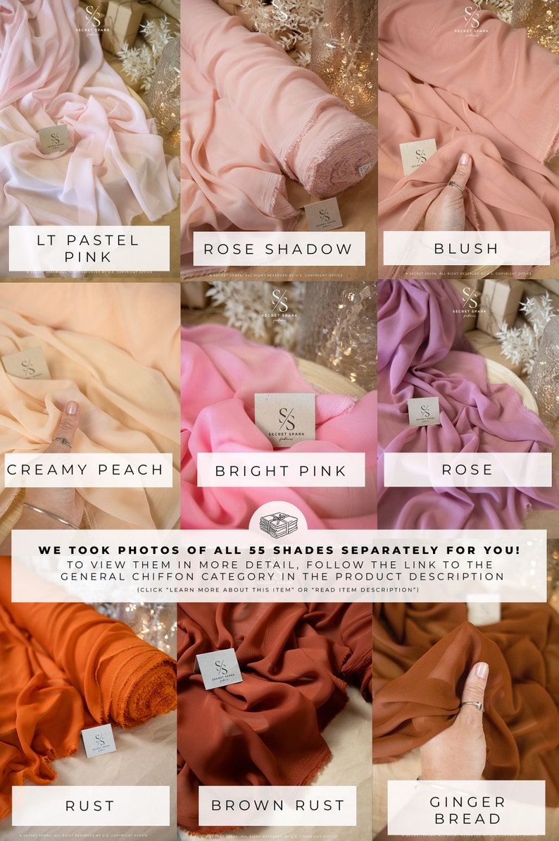 K&ouml;nnte beinhalten: Eine Collage aus 10 Stoffmustern in verschiedenen Rosat&ouml;nen und Oranget&ouml;nen. Die Muster sind mit Namen wie "LT Pastel Pink", "Rose Shadow", "Blush", "Creamy Peach", "Bright Pink", "Rose", "Rust", "Brown Rust" und "Gingerbread" beschriftet. Der Text "WE TOOK PHOTOS OF ALL 55 SHADES SEPARATELY FOR YOU! TO VIEW THEM IN MORE DETAIL, FOLLOW THE LINK TO THE GENERAL CHIFFON CATEGORY IN THE PRODUCT DESCRIPTION (CLICK 'LEARN MORE ABOUT THIS ITEM' OR 'READ ITEM DESCRIPTION')" ist ebenfalls enthalten.