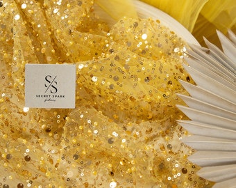 Starlight - Gold Sparkle Heavy Embroidery Beaded Fabric By The Yard With Sequin Fabric for Evening, Prom Dresses, Kids Clothes, Decor