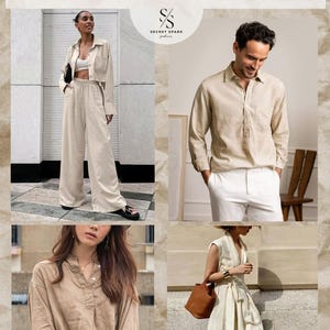 May include: A collage of beige and cream clothing items made from a blend of 70% linen and 30% rayon. The image displays a cropped button-down shirt with matching wide-leg trousers, a long-sleeve pullover shirt, a button-up shirt, and a sleeveless dress.