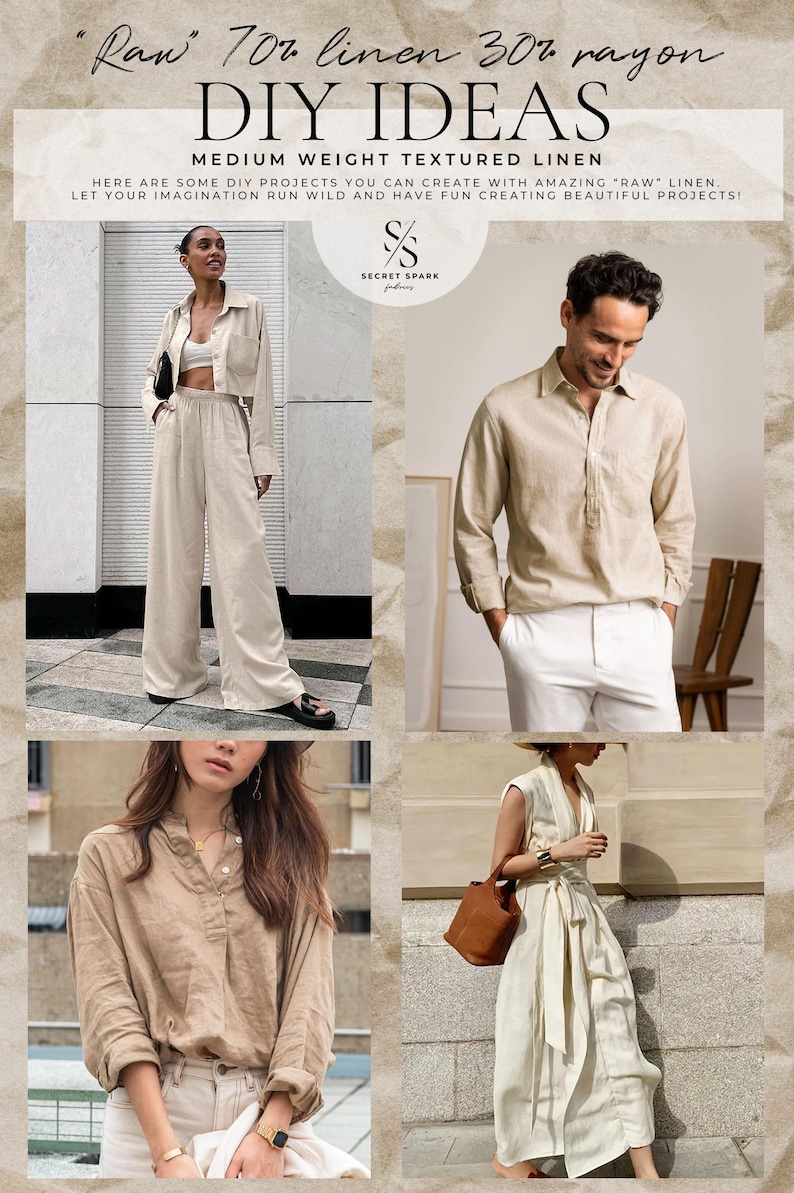 May include: A collage of beige and cream clothing items made from a blend of 70% linen and 30% rayon. The image displays a cropped button-down shirt with matching wide-leg trousers, a long-sleeve pullover shirt, a button-up shirt, and a sleeveless dress.