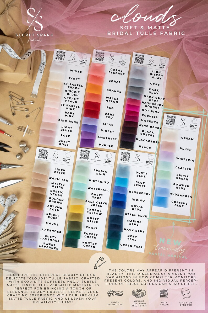 May include: A color chart of soft and matte bridal tulle fabric in various colors, including white, ivory, peach, coral, orange, red, pink, blue, green, and more. The chart is labeled "Clouds Soft & Matte Bridal Tulle Fabric" and features the brand name "Secret Spark Fabrics".