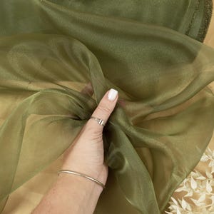 Olive Green Sheer Crystal Organza Fabric by the Yard - 60" Wide, Solid Sheer Organza with Sparkle Shine for Dance Costumes, Crafts | Glimmer