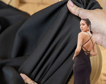 Black Heavy Crepe Stretch Fabric for Bridal Gown with Elastane, Soft and Matte Crepe Fabric by the yard for Dress, Suit, Trousers | Grace