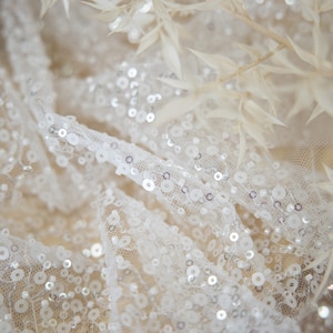 Mysteria - Off White Tender Bridal Crystal Clear & Matte Beads Sequin Mesh, French Sequined Lace Fabric By the Yard For Bridal Dress, Unique