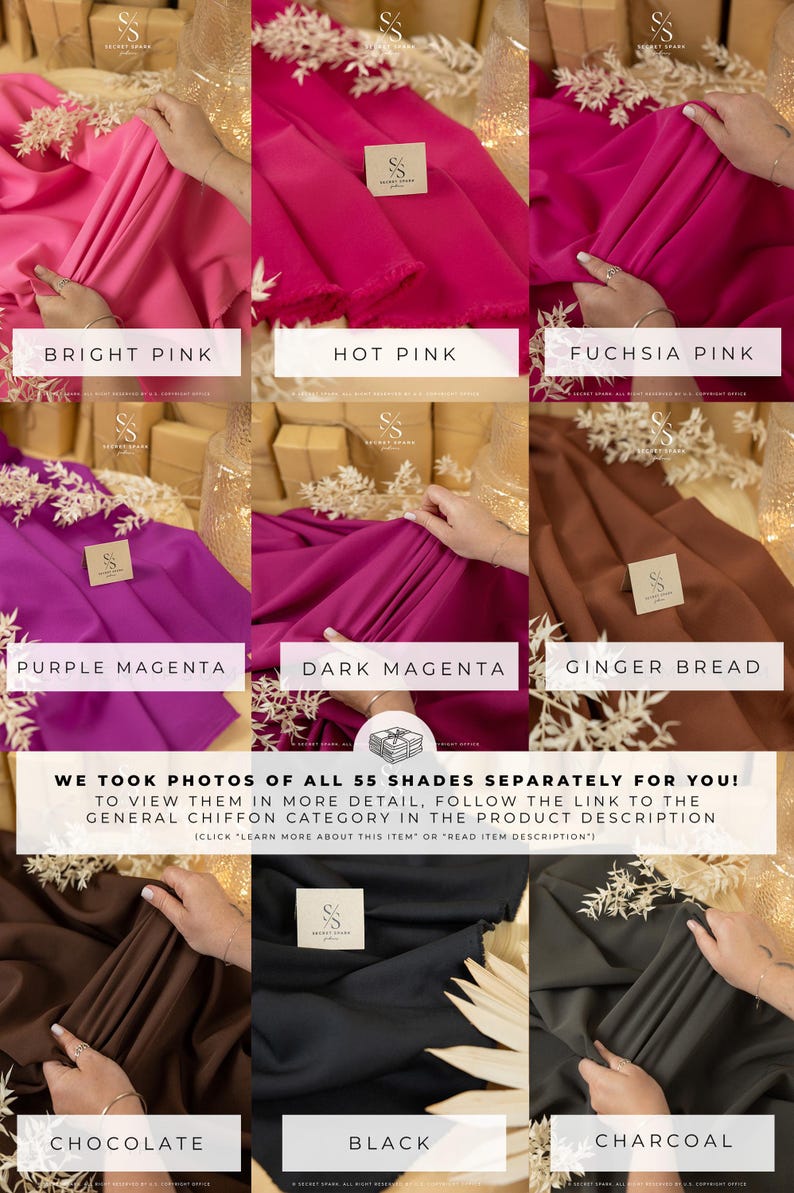 May include: A collage of fabric swatches in various shades of pink, purple, brown, and black. The swatches are arranged in three rows of three, with each swatch labeled with its color name. The text "WE TOOK PHOTOS OF ALL 55 SHADES SEPARATELY FOR YOU! TO VIEW THEM IN MORE DETAIL, FOLLOW THE LINK TO THE GENERAL CHIFFON CATEGORY IN THE PRODUCT DESCRIPTION (CLICK 'LEARN MORE ABOUT THIS ITEM' OR 'READ ITEM DESCRIPTION')" is displayed below the swatches.