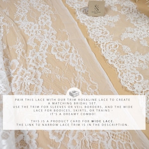 May include: White floral lace fabric with a delicate pattern, perfect for bridal wear. The image shows a close-up of the lace, with a product card and the brand logo. The lace is ideal for sleeves, veils, bodices, skirts, or trains.