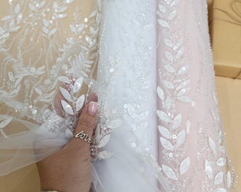Off White 3D Floral Leaf Lace with Sequins & Beads, Embroidered Botanical Mesh Tulle for Bridal Dresses, Gowns, Veils | Leaves Love