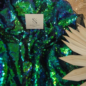 Hologram Green Blue Glitz Disc Sequin Fabric by the Yard, Disco, One Way Stretch, Same Day Shipping for Decoration, Tops, Skirts | Glitz