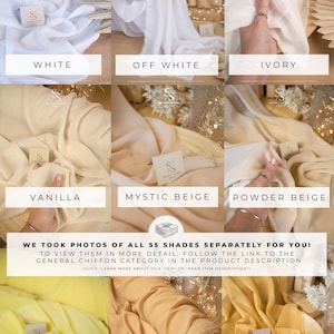 K&ouml;nnte beinhalten: Farbkarten mit 10 verschiedenen Schattierungen von Chiffon-Stoff. Die Farben sind Wei&szlig;, Creme, Elfenbein, Vanille, Mystik Beige, Puder Beige, Hellgelb, W&uuml;stensand und Honig. Der Text "Wir haben Fotos von allen 55 Farbt&ouml;nen separat f&uuml;r Sie gemacht! Um sie im Detail zu sehen, folgen Sie dem Link zur allgemeinen Chiffon-Kategorie in der Produktbeschreibung (Klicken Sie auf 'Mehr &uuml;ber diesen Artikel erfahren' oder 'Produktbeschreibung lesen')" ist ebenfalls enthalten.