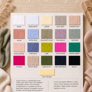 May include: A color chart for cotton gauze fabric displaying twenty-one square swatches in various shades including white, cream, blush, pastel blue, lime, lipstick pink, spring green, fuchsia, dark olive, deep dark blue, black, and soft yellow.