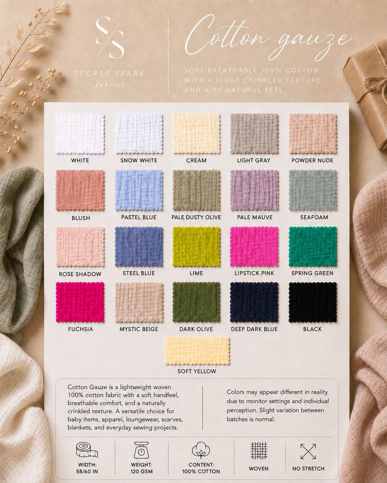 May include: A color chart for cotton gauze fabric displaying twenty-one square swatches in various shades including white, cream, blush, pastel blue, lime, lipstick pink, spring green, fuchsia, dark olive, deep dark blue, black, and soft yellow.