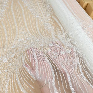 Ivory Beaded Lace Fabric for Bridal Dresses, Floral Sequin Mesh for Wedding Gowns, Elegant Embroidered Tulle by the Yard, DIY | Crystalia