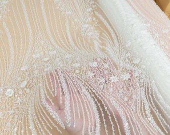 Ivory Beaded Lace Fabric for Bridal Dresses, Floral Sequin Mesh for Wedding Gowns, Elegant Embroidered Tulle by the Yard, DIY | Crystalia