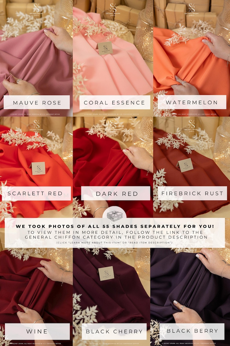 May include: Swatch cards showing 10 different shades of red, pink, and purple chiffon fabric. The colors are: Mauve Rose, Coral Essence, Watermelon, Scarlett Red, Dark Red, Firebrick Rust, Wine, Black Cherry, and Black Berry.