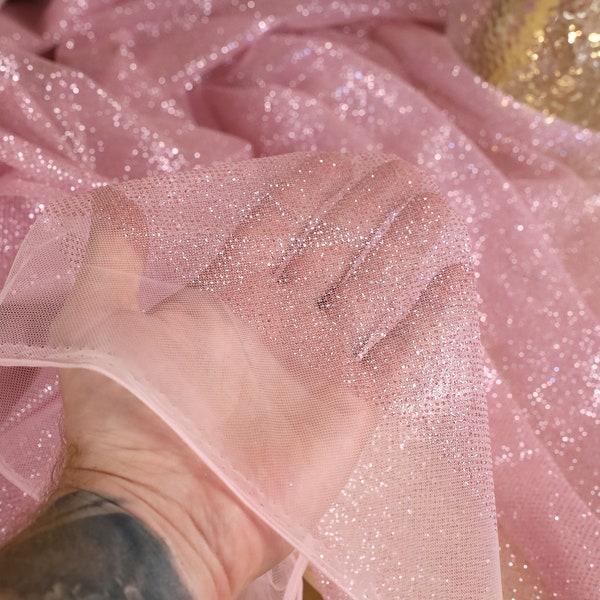 Rose Pink Glitter Tulle Fabric by the Yard For Shimmering Dresses, Backdrops, Decor, Soft Glitter Mesh  | "Illuminate" glitter