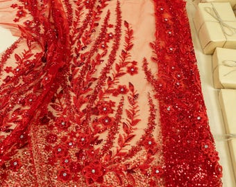 Majestique - Red Lace Fabric by the Yard, Scarlet Rhinestone Floral Mesh for Red Carpet Gown, Pageant Dress and Gala Look